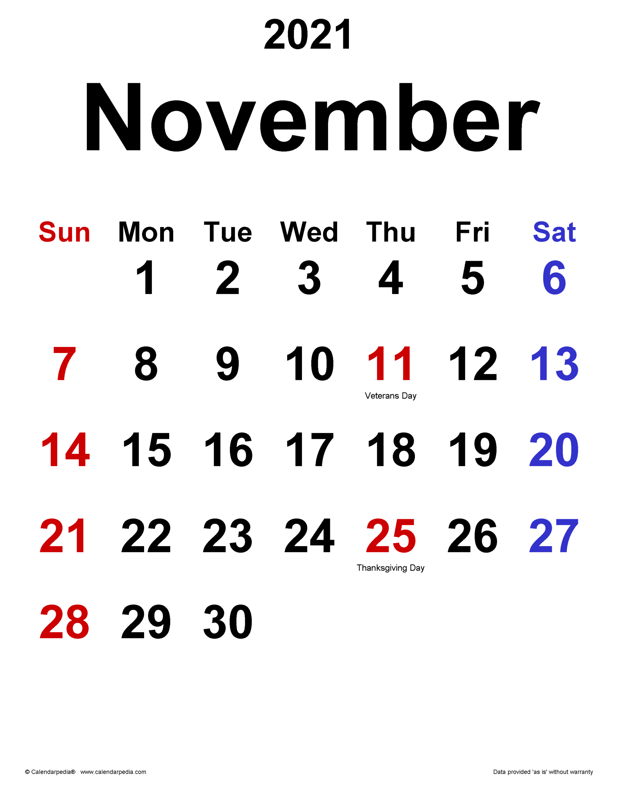 November 2021 Calendar | Templates For Word, Excel And Pdf