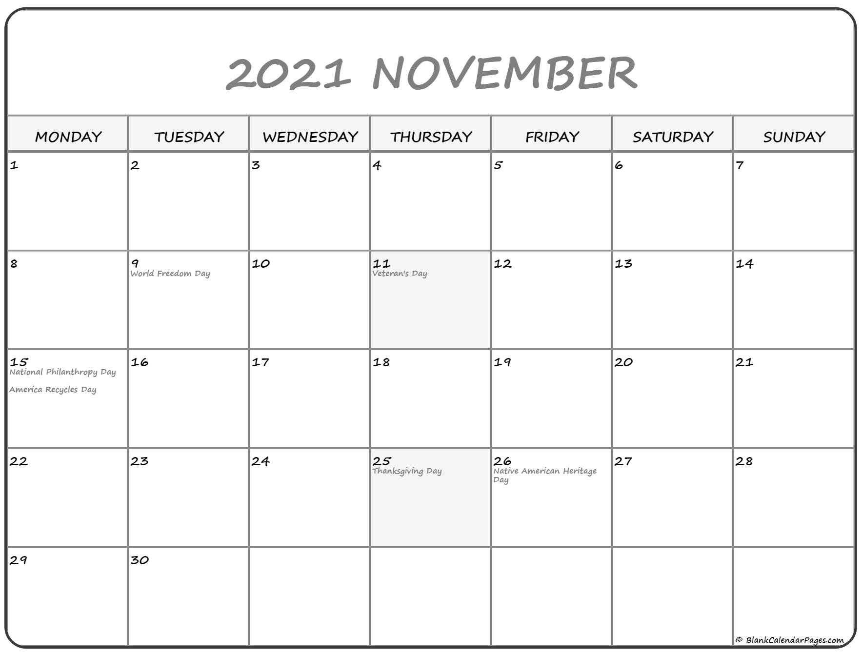 November 2021 Monday Calendar | Monday To Sunday