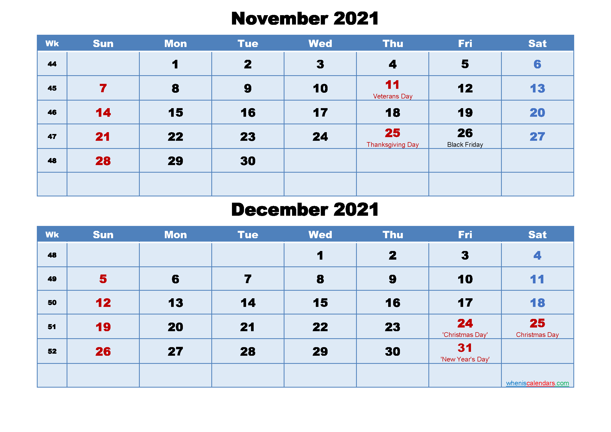 November And December 2021 Calendar With Holidays
