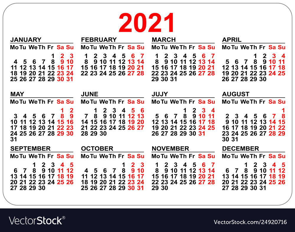 Pocket Calendar 2021 Grid Template Isolated On Vector Image