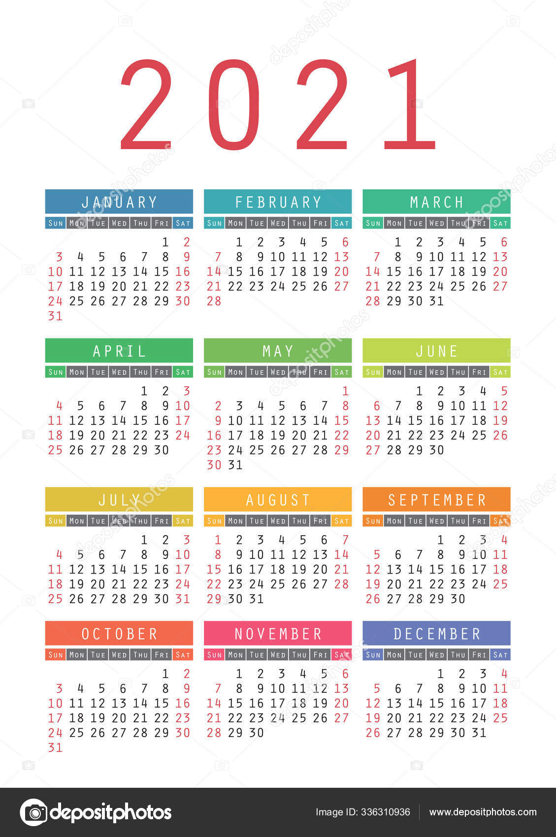Pocket Calendar 2021 Year. Vector Wall Calender Template. Simple 336310936
