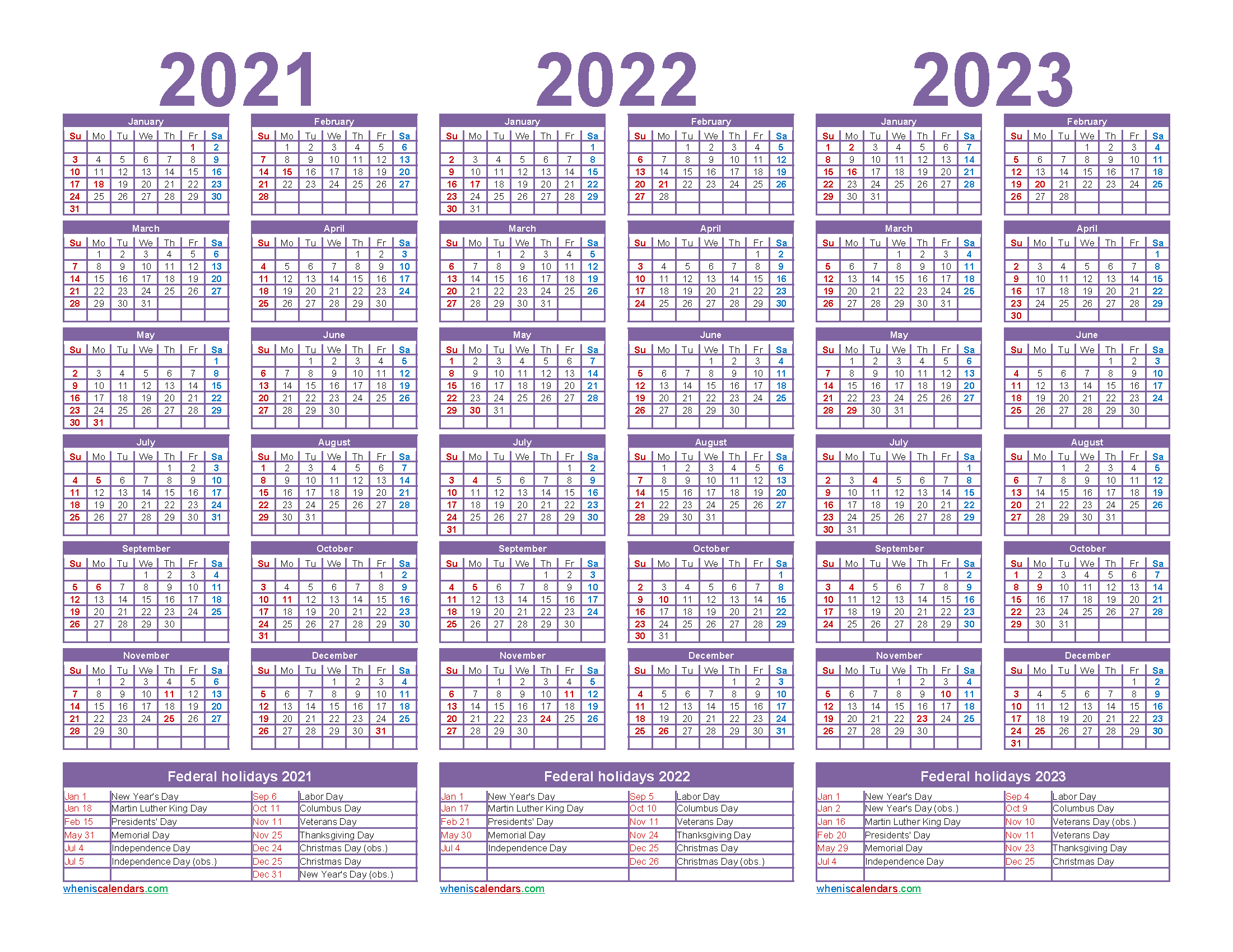 Printable 2021 2022 And 2023 Calendar With Holidays