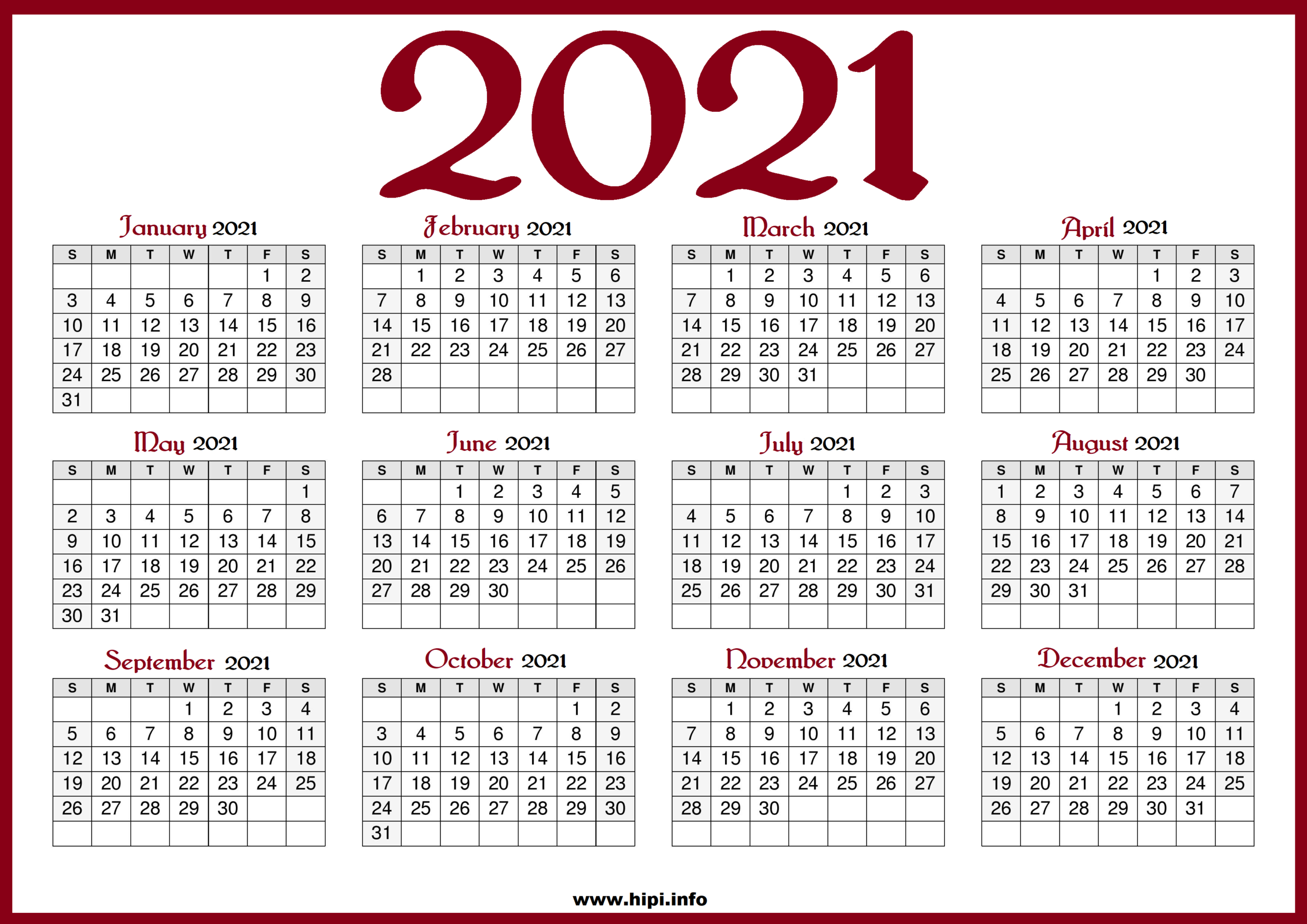 Printable 2021 Calendar With Us Holidays - Red Color - Hipi