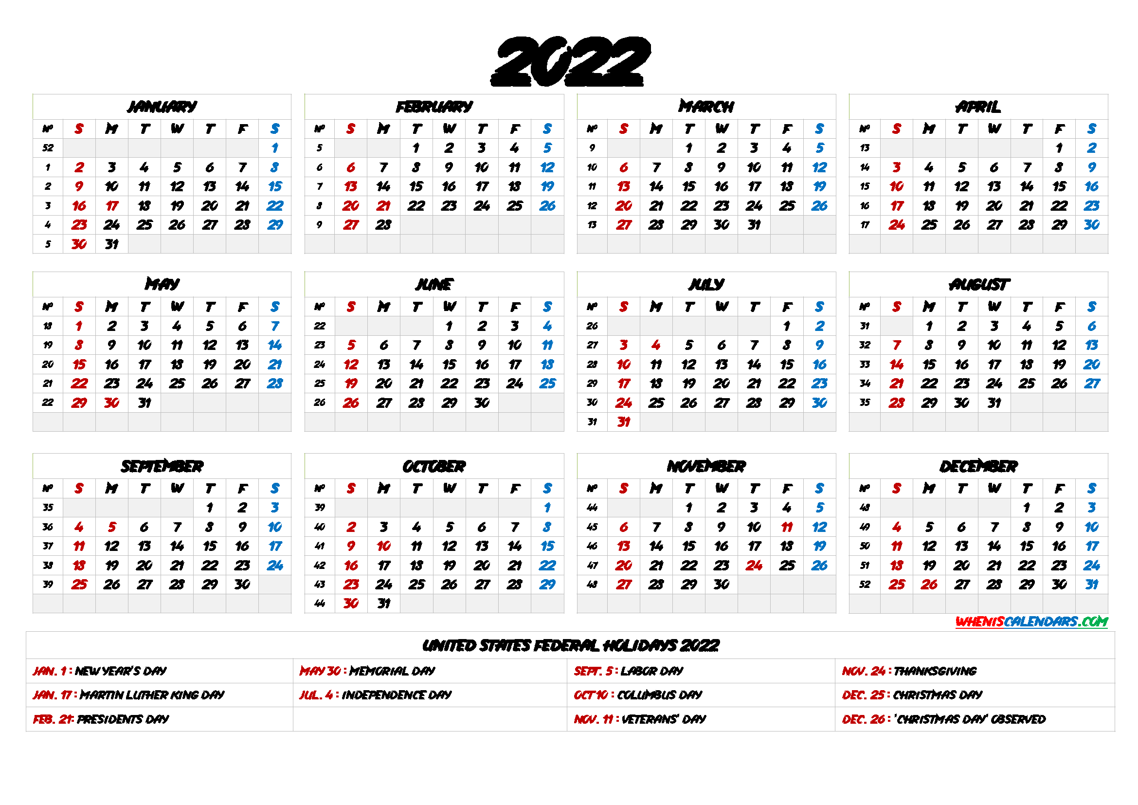 Printable Calendar 2022 With Holidays – 6 Templates