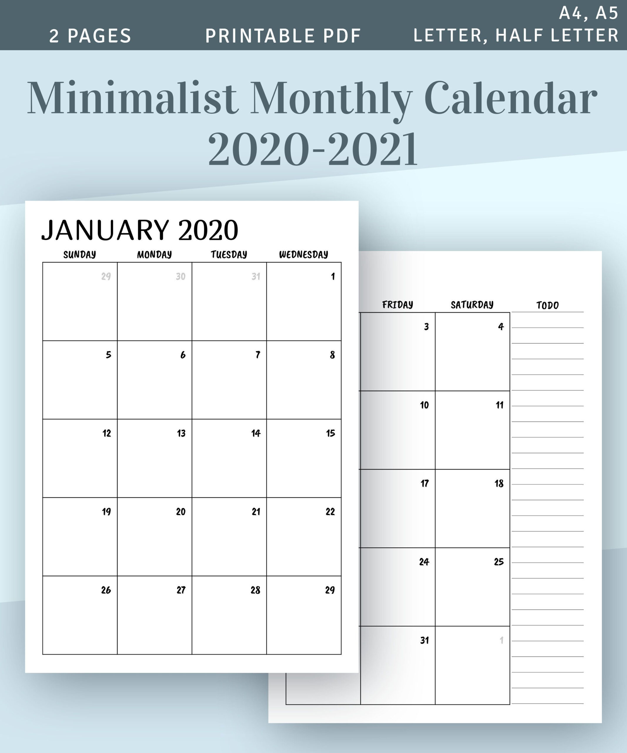 Printable Calendar Monthly 2020 2021 Month On Two Page