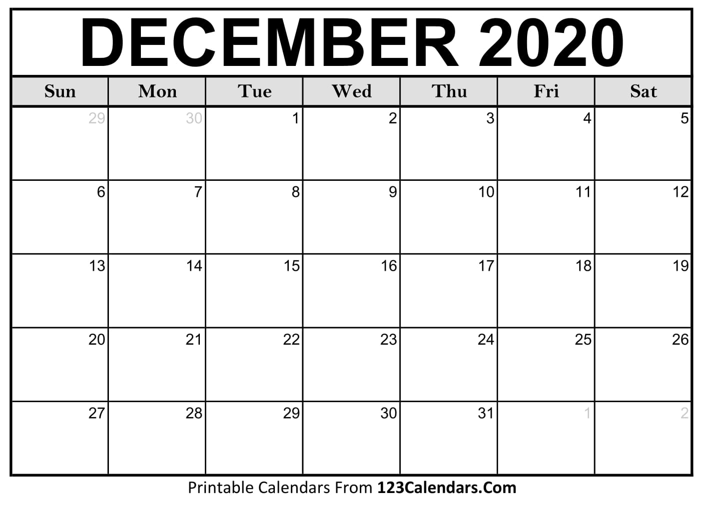 Printable December 2020 Calendar Templates | 123Calendars