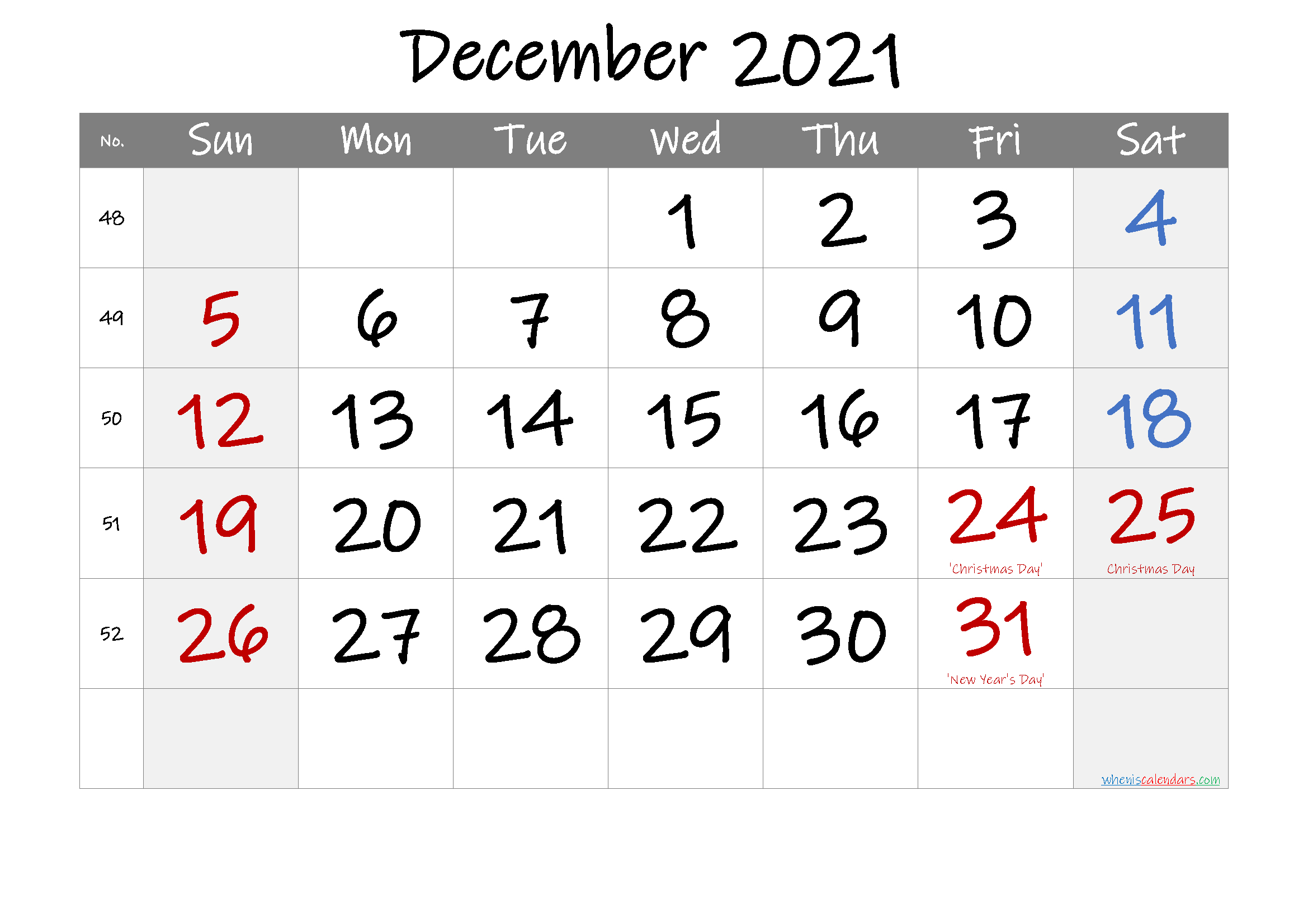 Printable December 2021 Calendar With Holidays