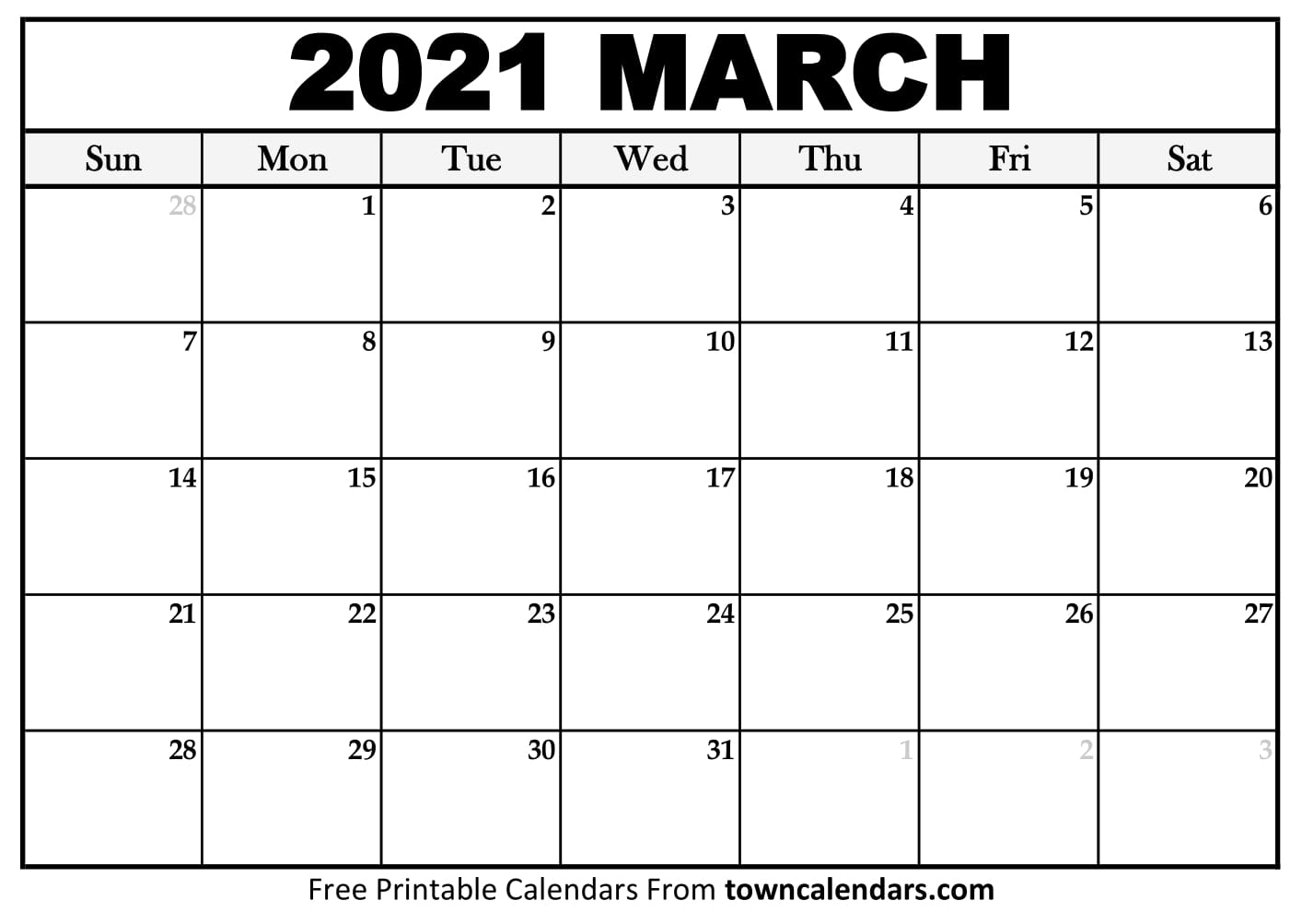 Printable March 2021 Calendar - Towncalendars