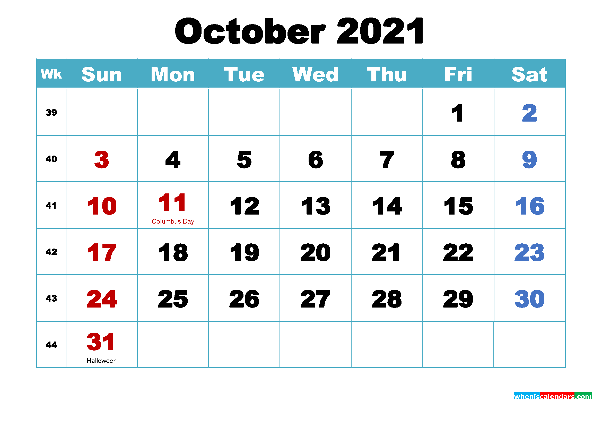 Printable October 2021 Calendar By Month