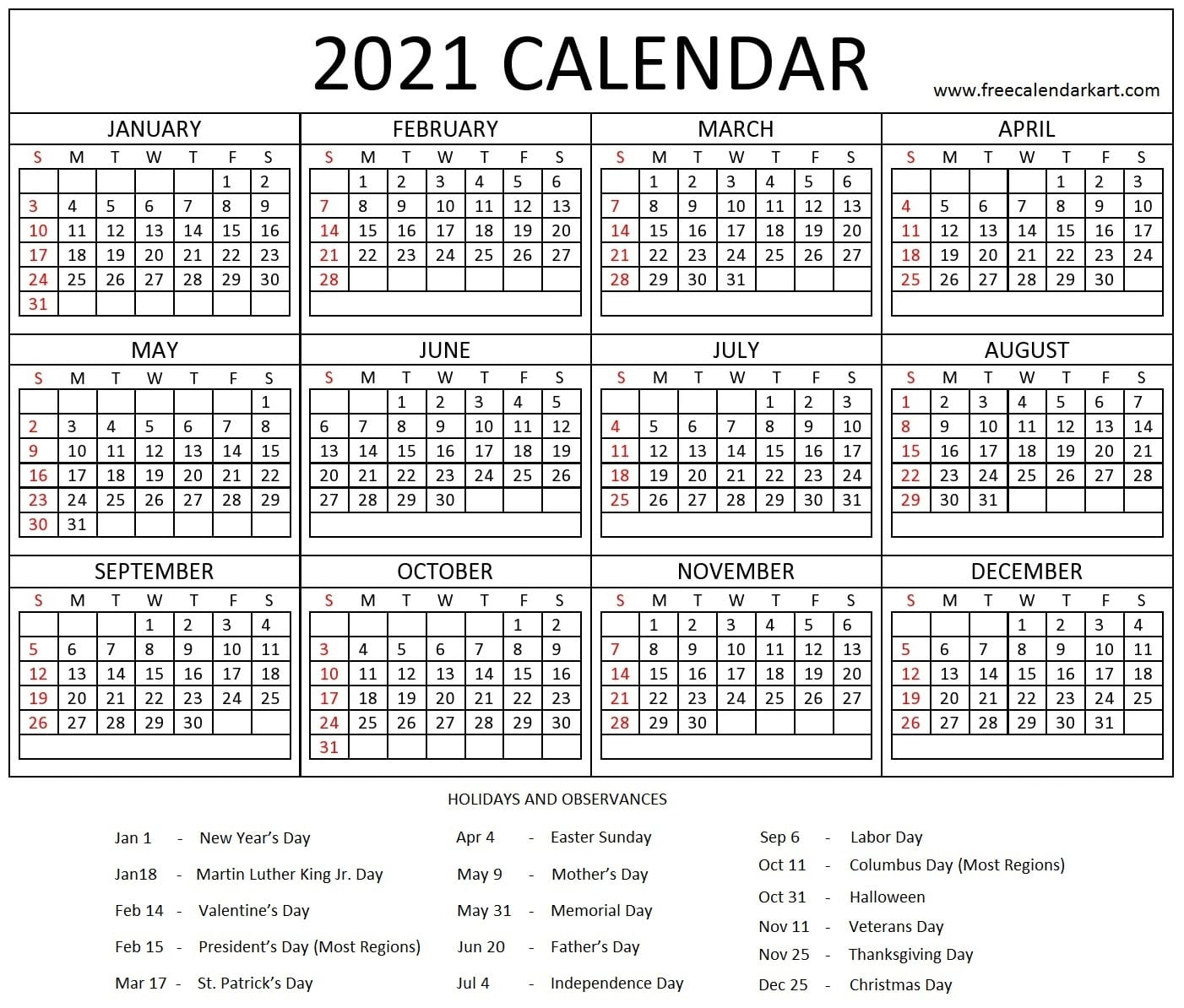 Printable Yearly 2021 Calendar And Holiday Template Free