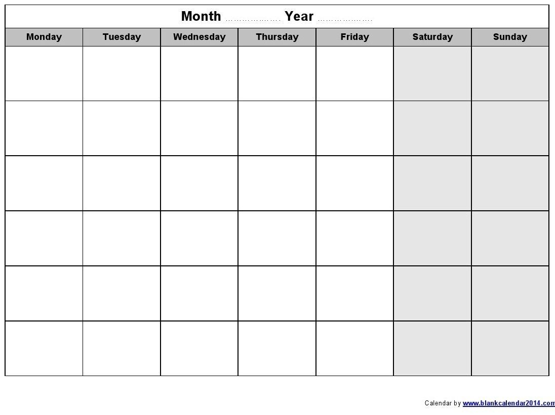 Remarkable Blank Monday To Friday Calendar Template In 2020