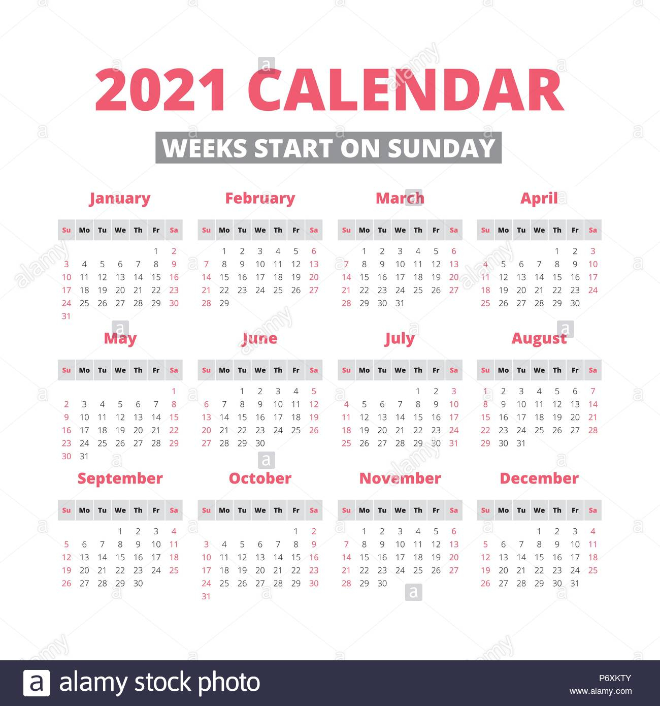 Simple 2021 Year Calendar, Week Starts On Sunday Stock