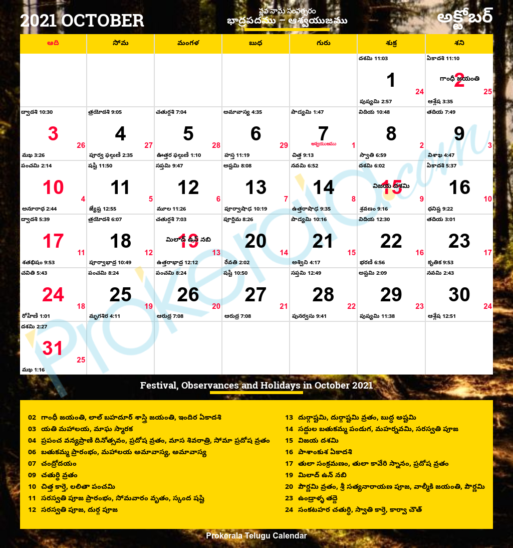 Telugu Calendar 2021, October