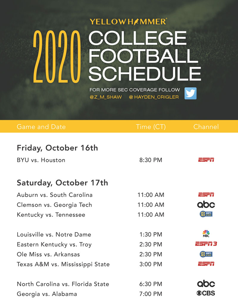 This Weekend&#039;S College Football Tv Schedule - Yellowhammer