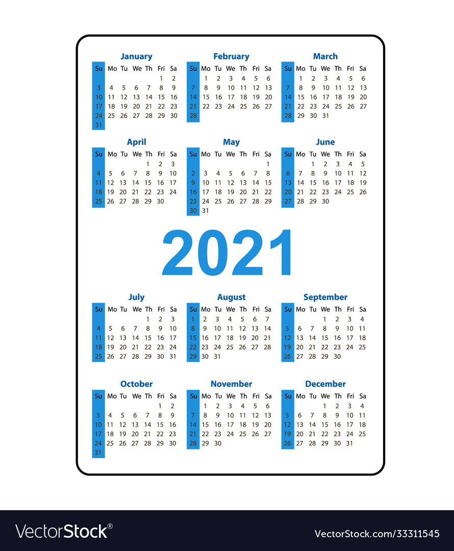 Vertical Pocket Calendar 2021 Year Week Starts Vector Image