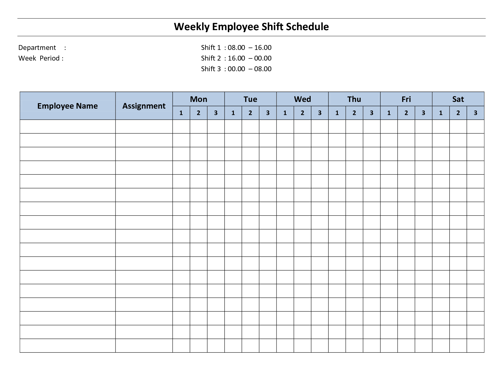 Weekly Employee Shift Schedule - 8 Hour Shift | Monthly