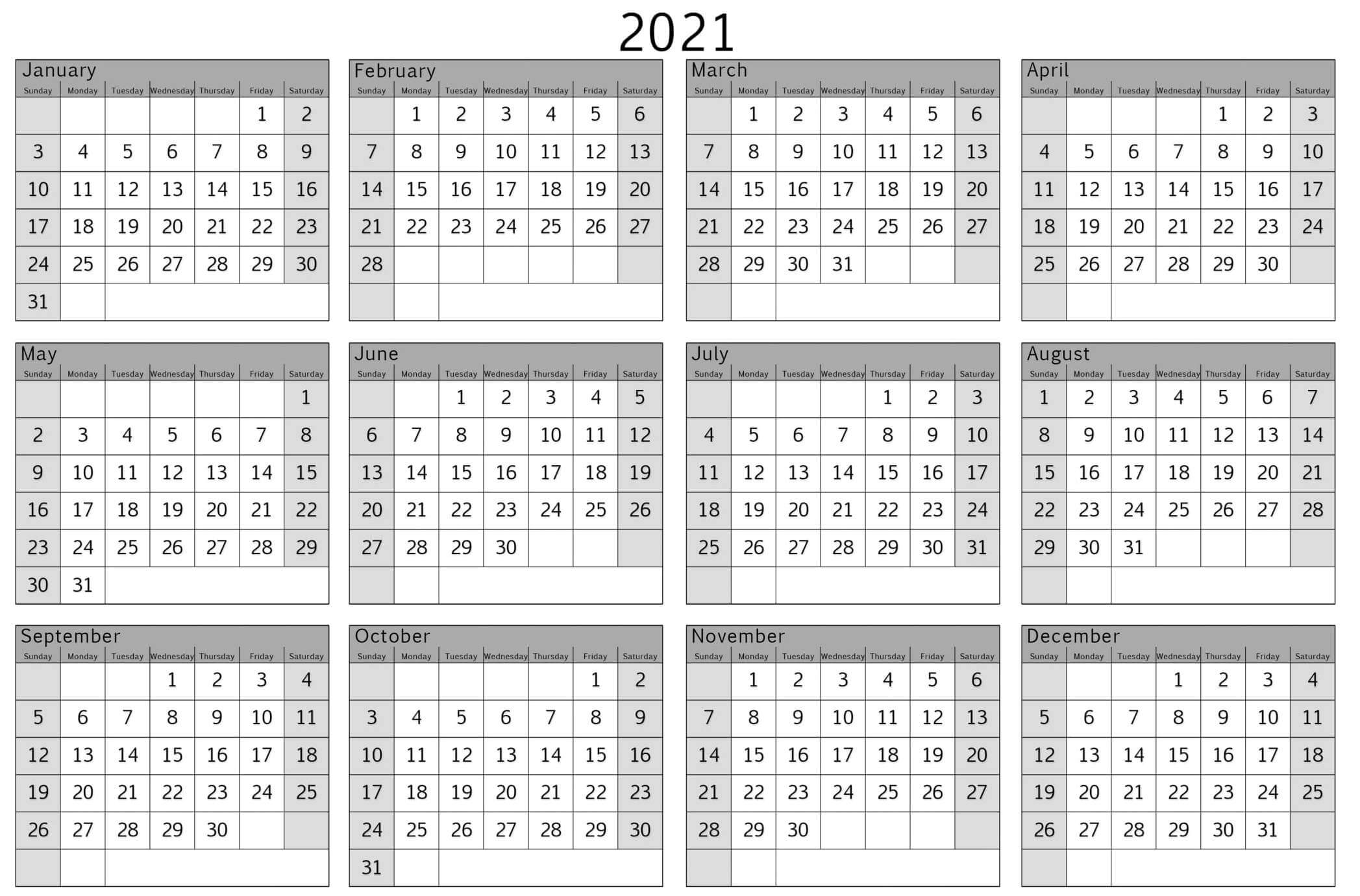 Yearly Calendar With Notes 2021 Editable Template - Set Your