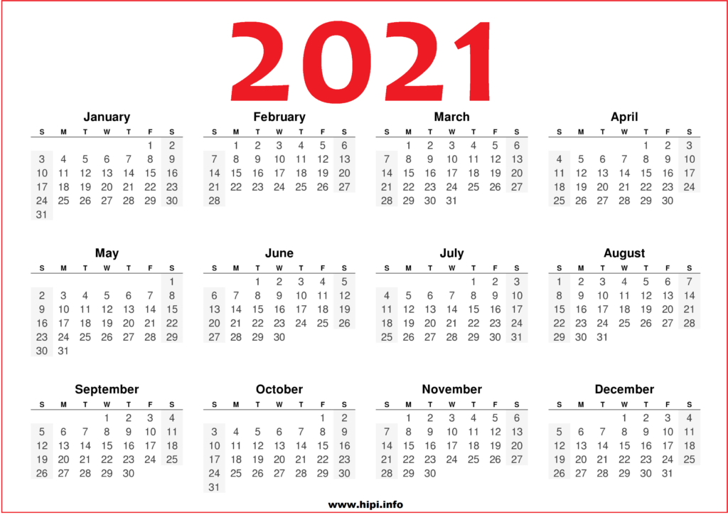 2021 Printable 12 Month Calendar Templates - Hipi