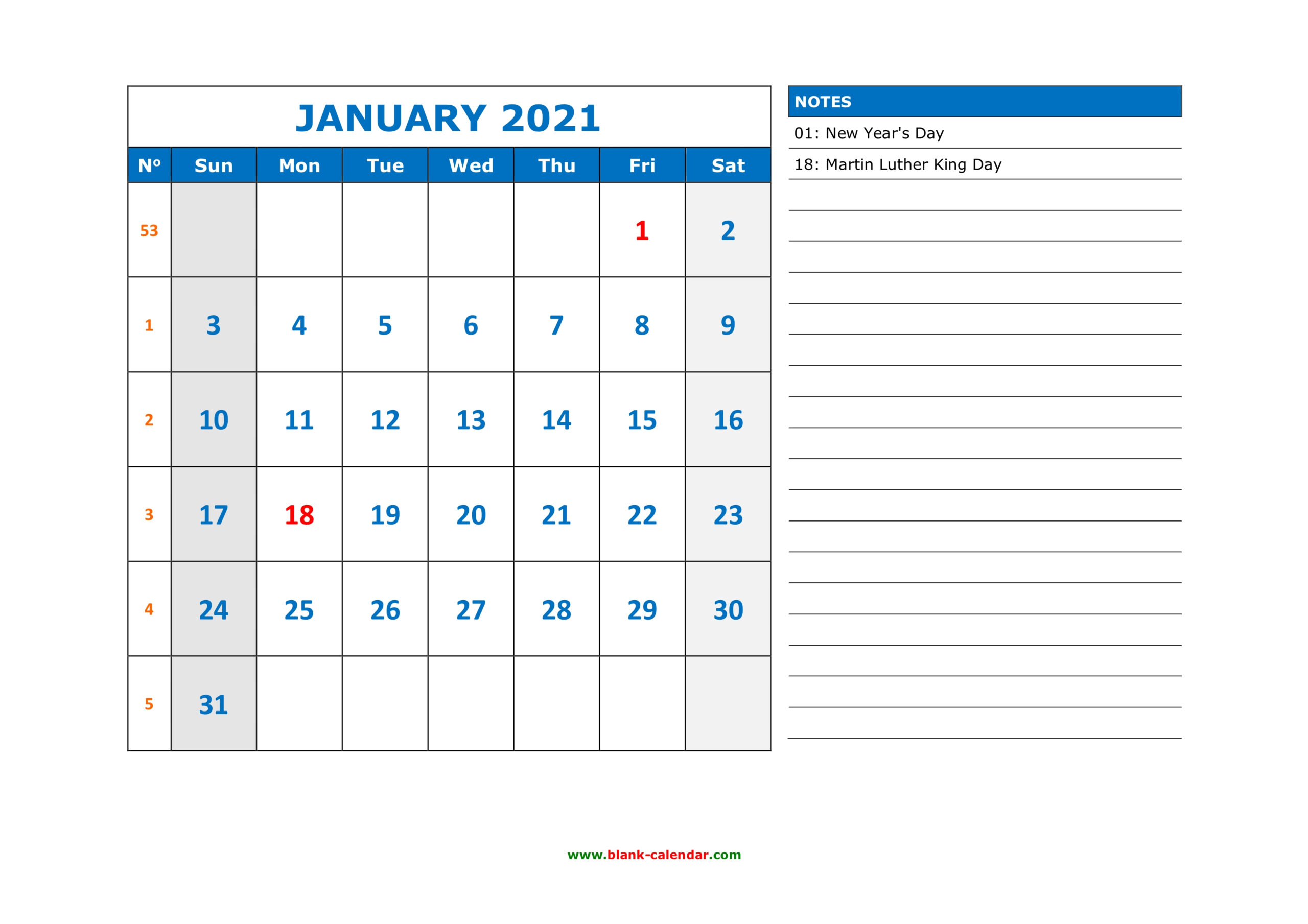 Free Download Printable Calendar 2021, Large Space For