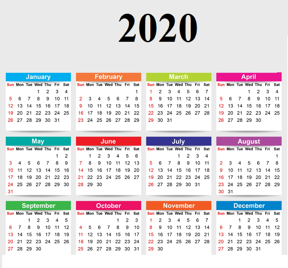 2020 12 Month Single File Calendar Printable Free