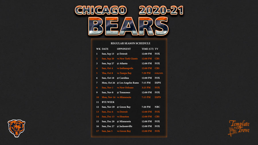 2020-2021 Chicago Bears Wallpaper Schedule