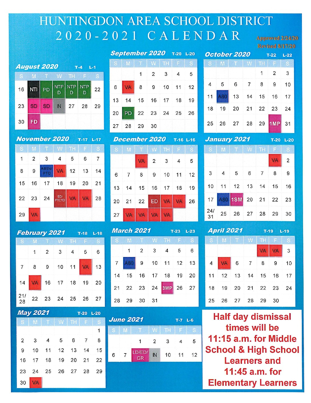 2020-2021 School Calendar - Rev. 081720 - Huntingdon Area