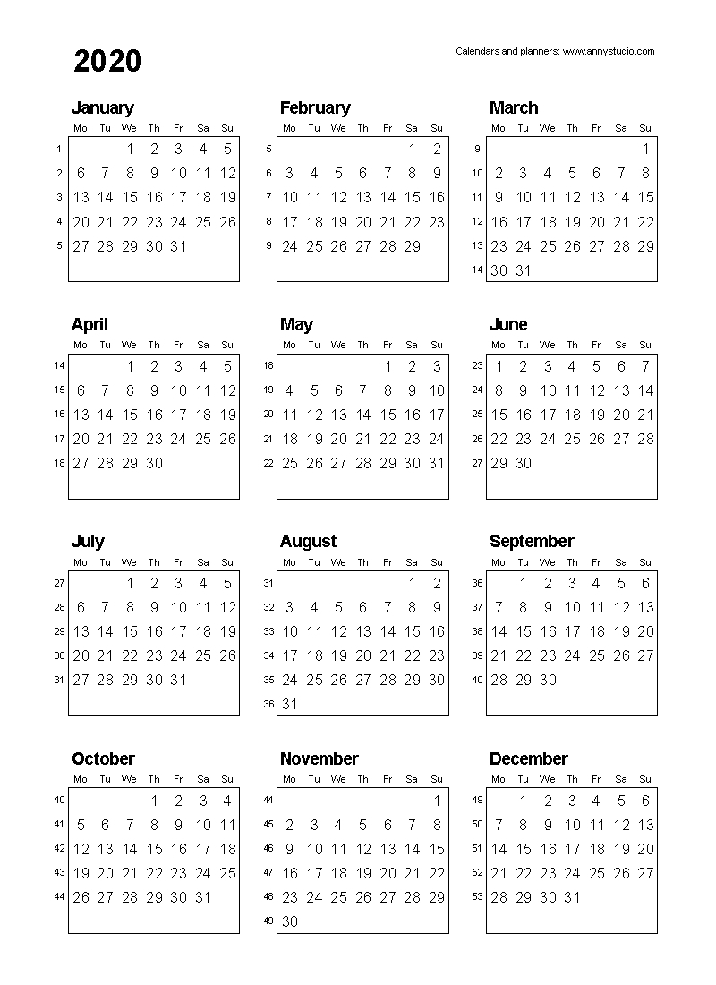 2020 Calendar Format Monday Through Friday Week | Calendar Template Printable Monthly Yearly