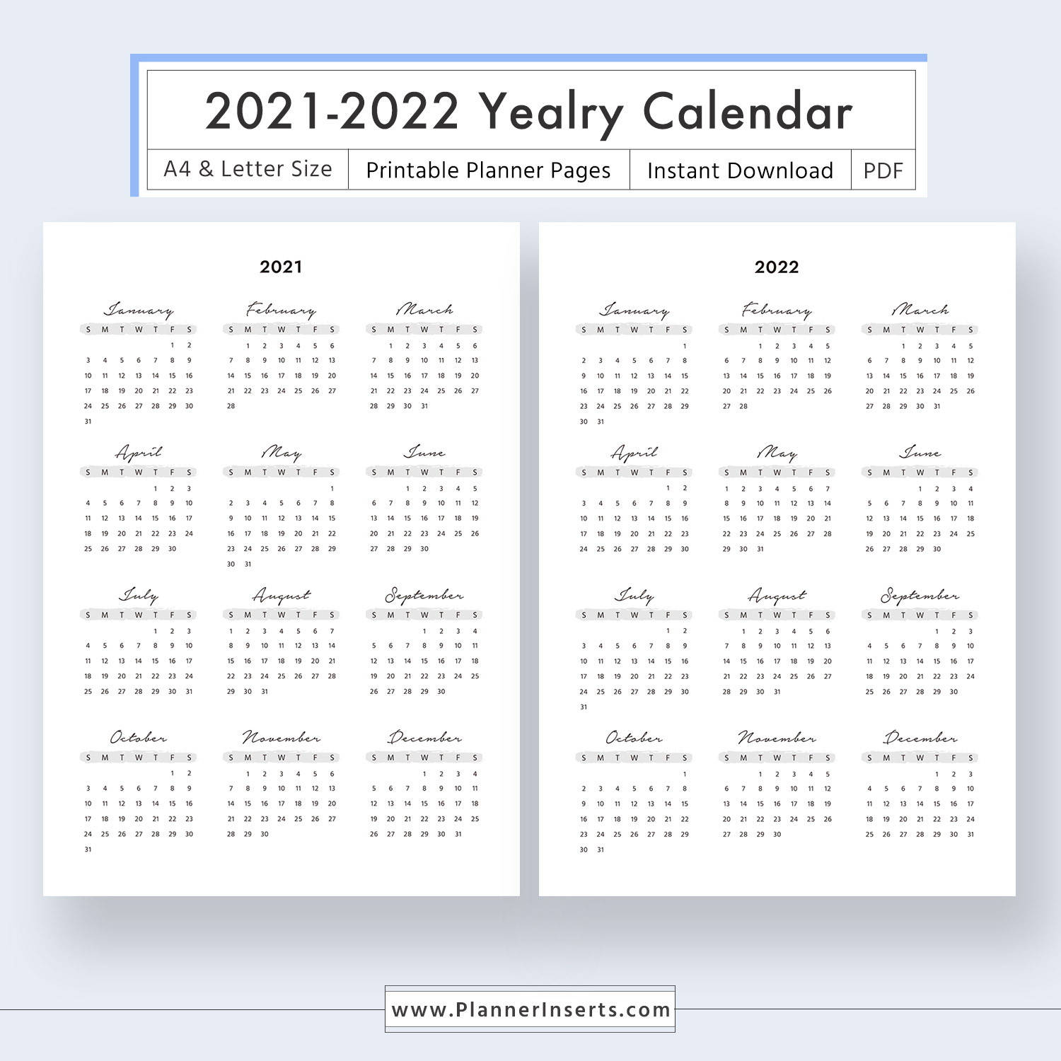 2021-2022 Yearly Calendar For Unlimited Instant Download