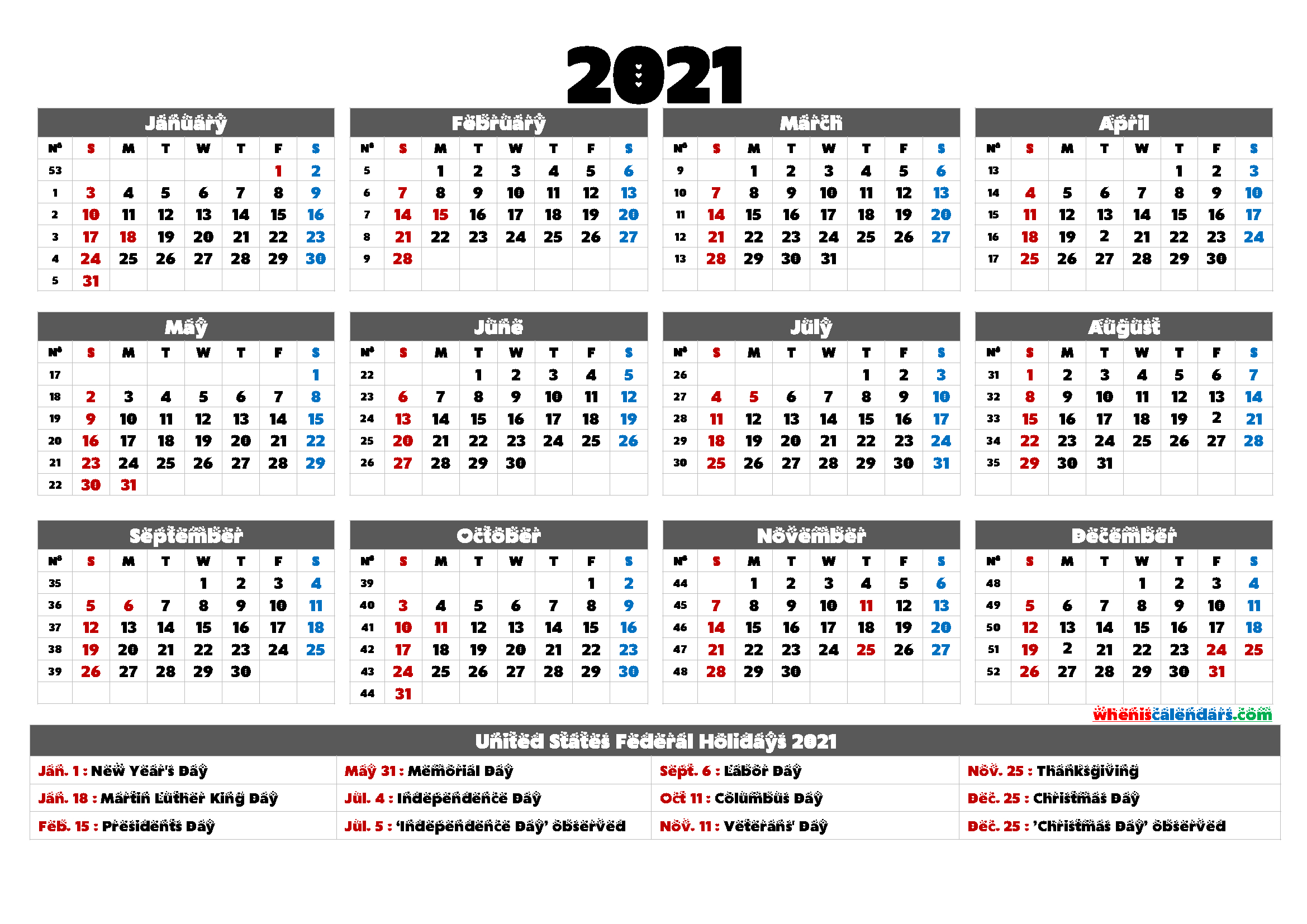 2021 Calendar With Holidays Printable - 6 Templates | Free