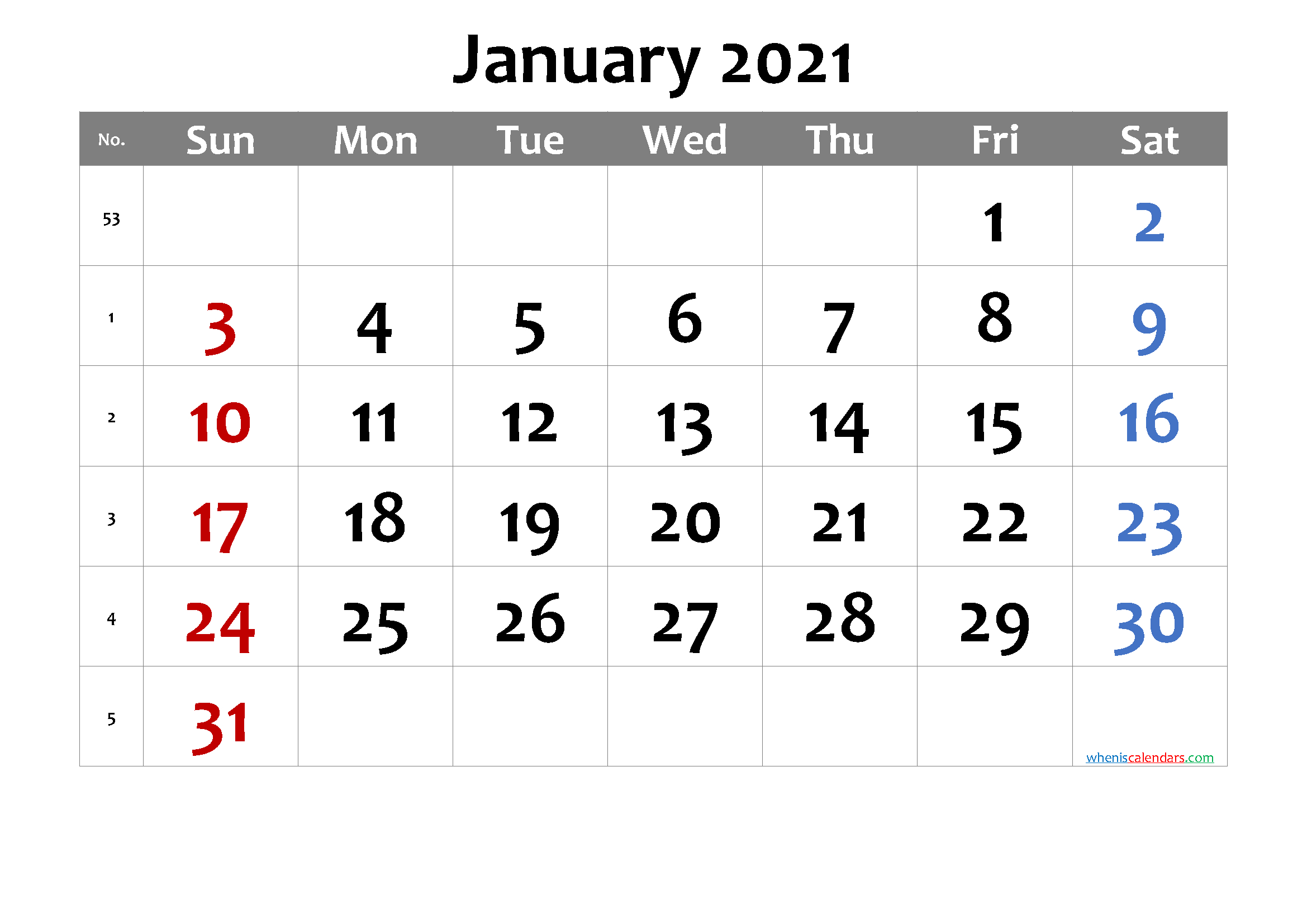 2021 Calendar With Week Number Printable Free / Week