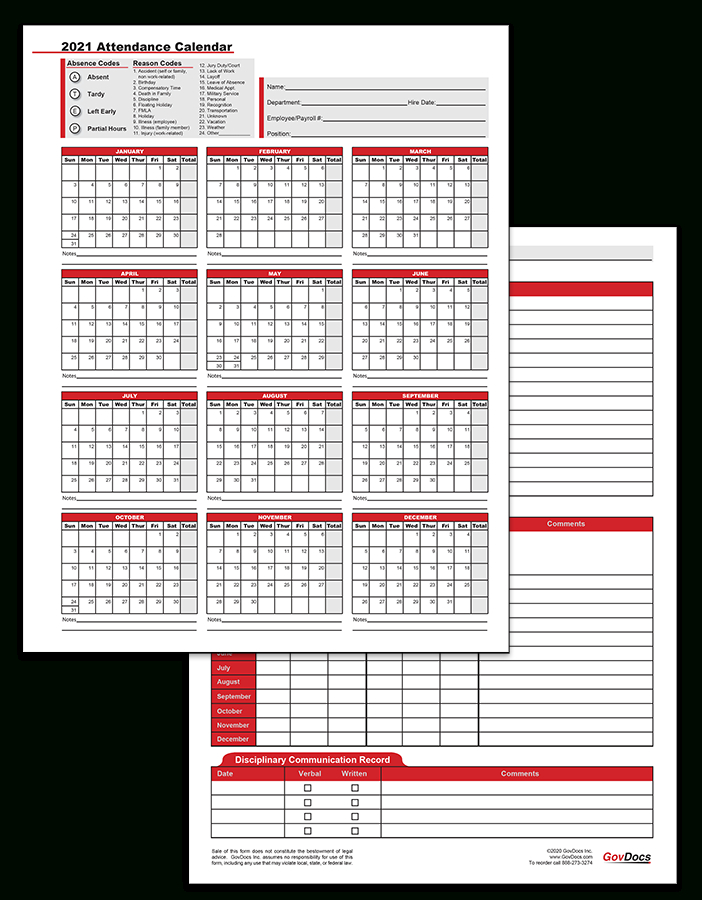 2021 Employee Attendance Calendar
