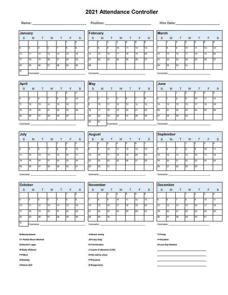 2021 Employee School Attendance Tracker Calendar Employee