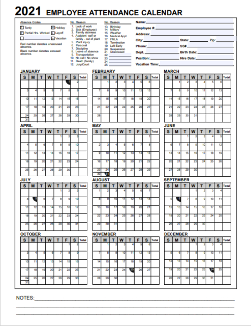 2021 Employee &amp; Staff Attendance Record Calendar: Choose