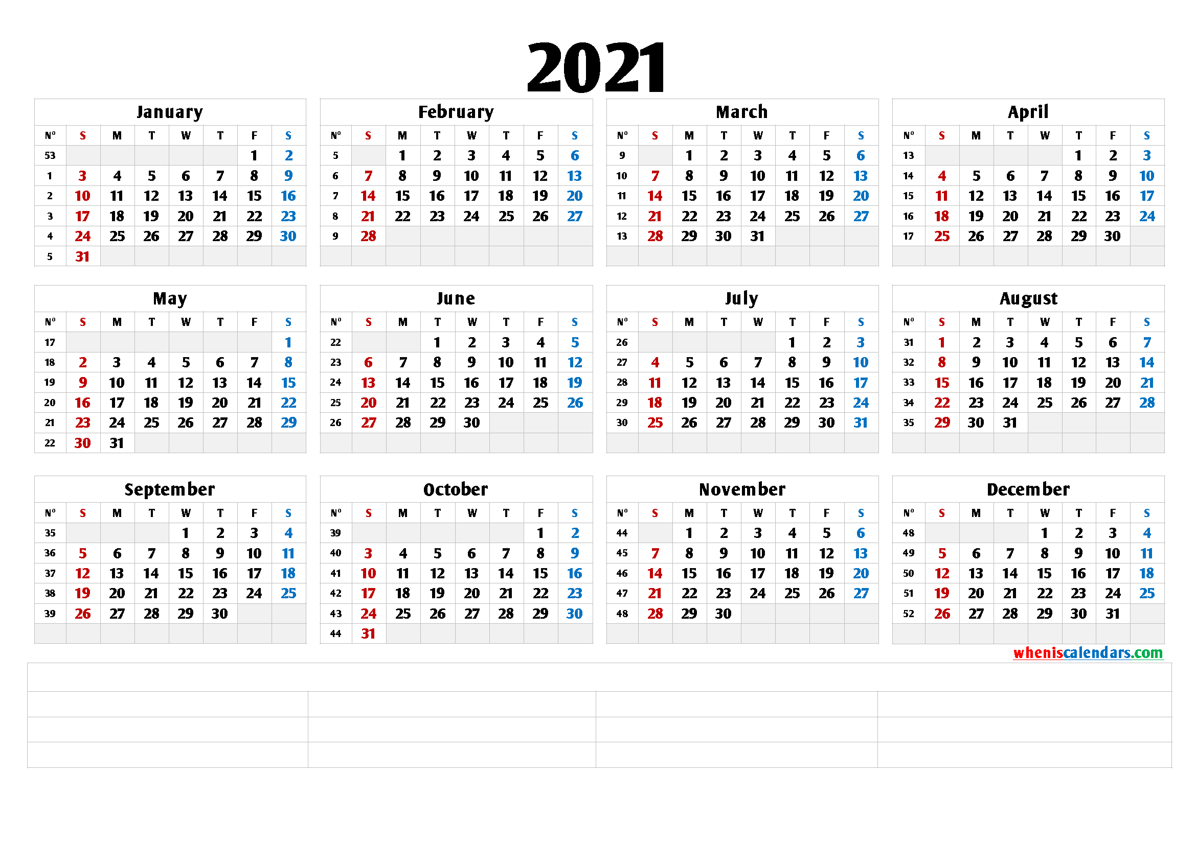 2021 Free Printable Yearly Calendar (6 Templates) | Free