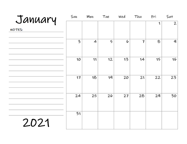 2021 Monthly Calendar Template Word