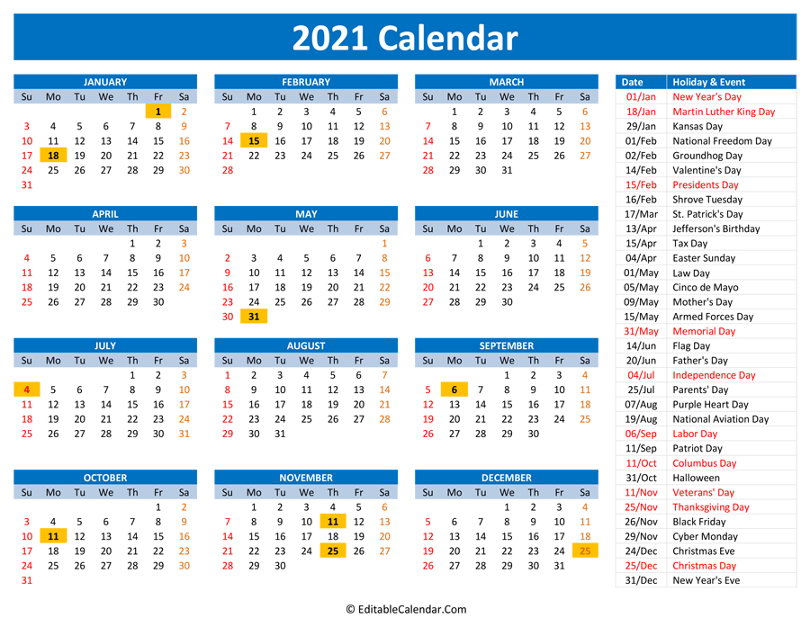 2021 Printable Calendar With Holidays