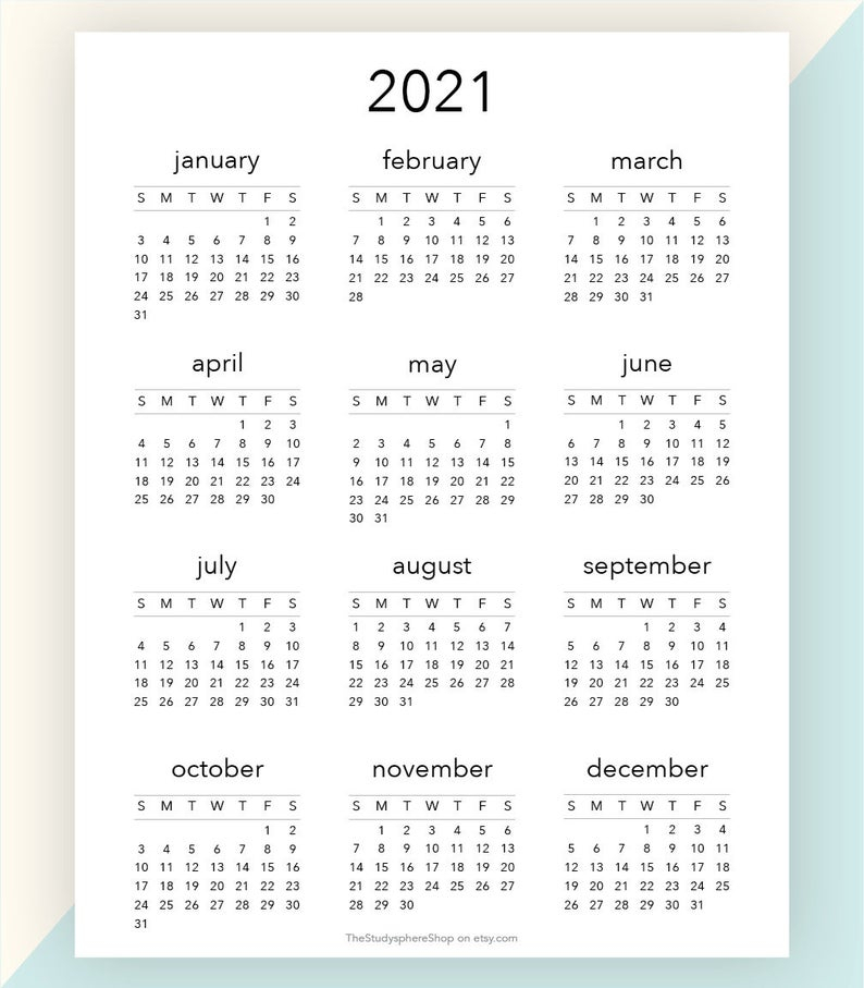 2021 Year At A Glance 2021 Calendar Yearly Overview Yearly