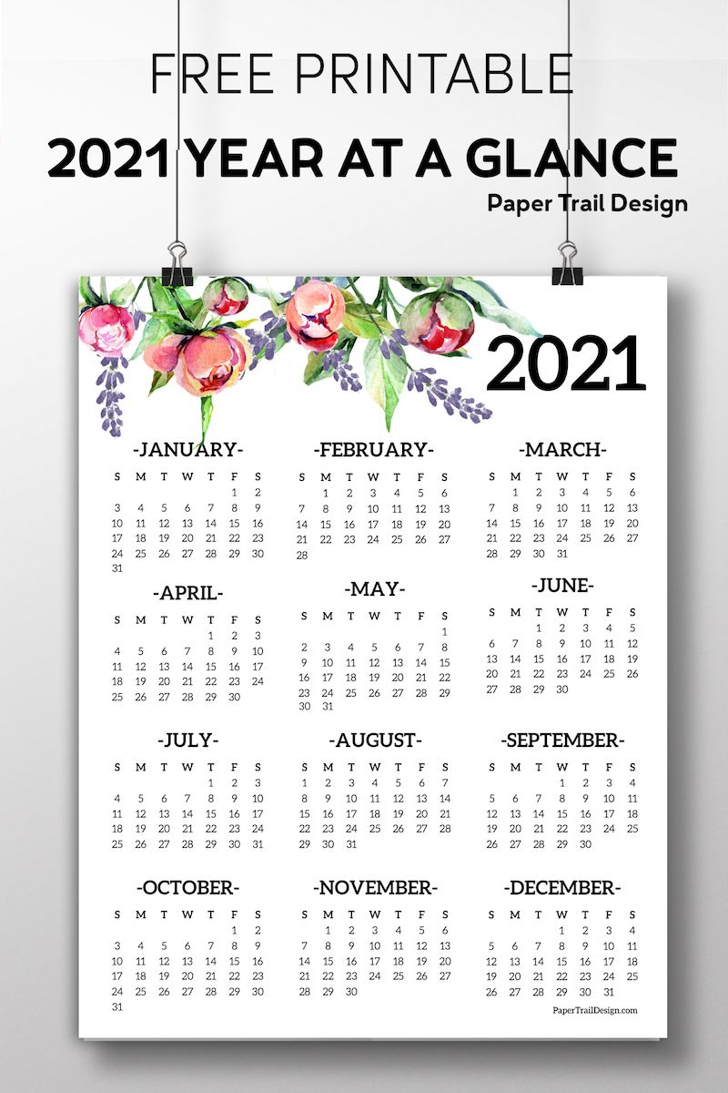 2021 Year At A Glance Calendar 2021 Free Printable