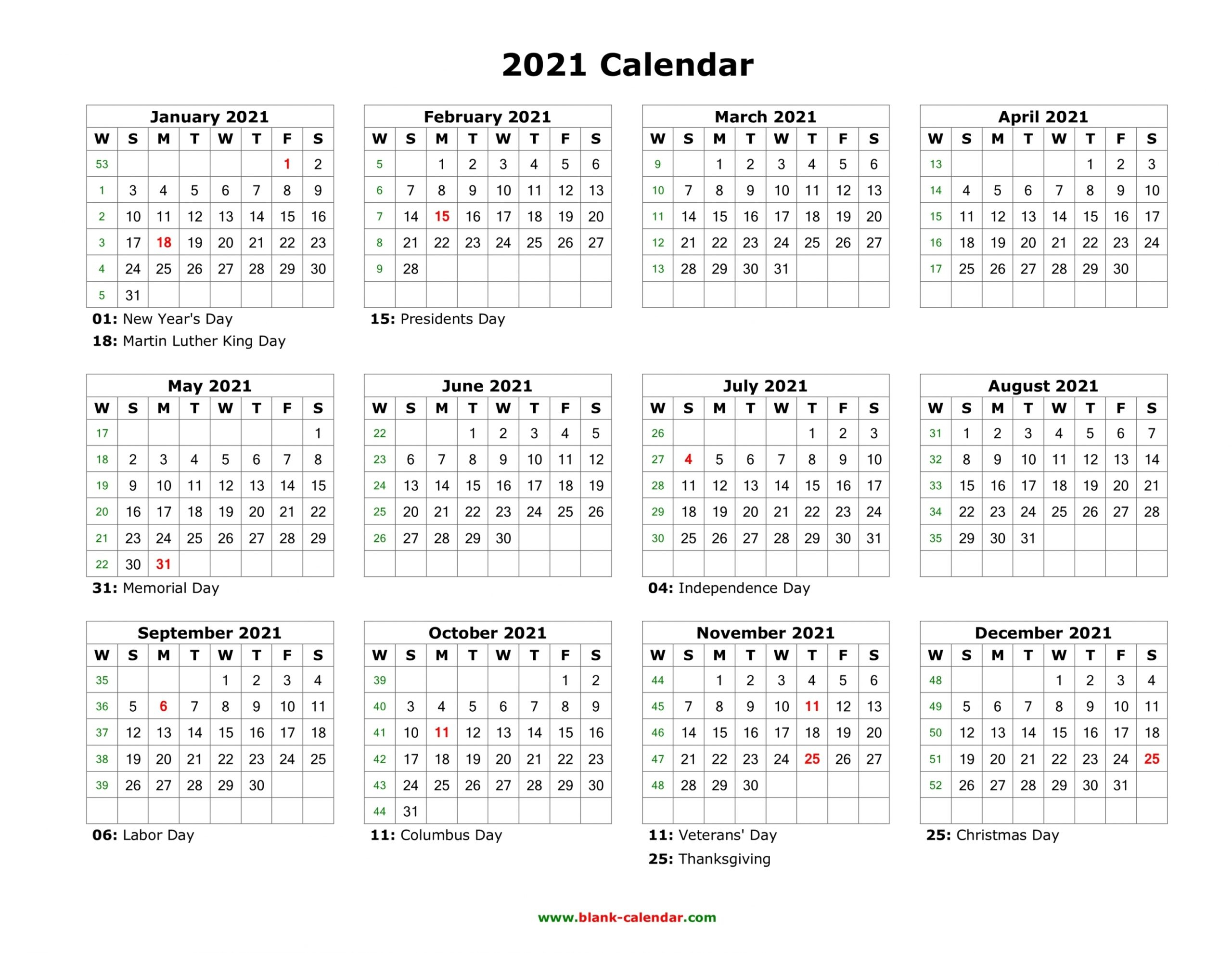 2021 Yearly Calendar Printable | Free Letter Templates