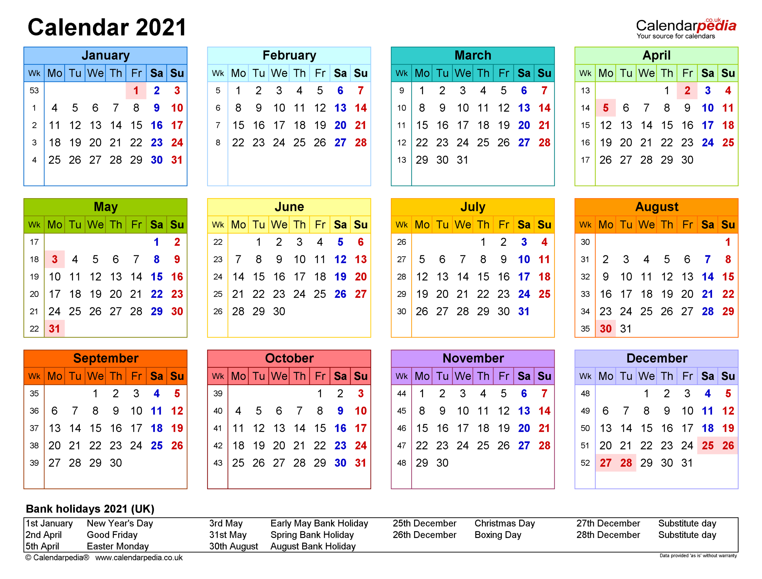 2021 Yearly Calendar With Week Numbers