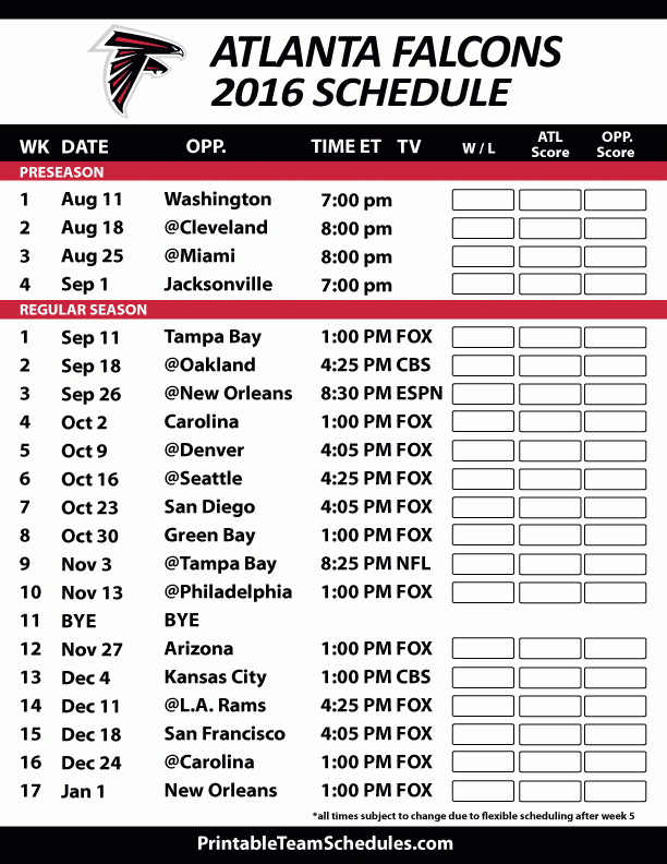 Atlanta Falcons Football Schedule. Print Schedule Here