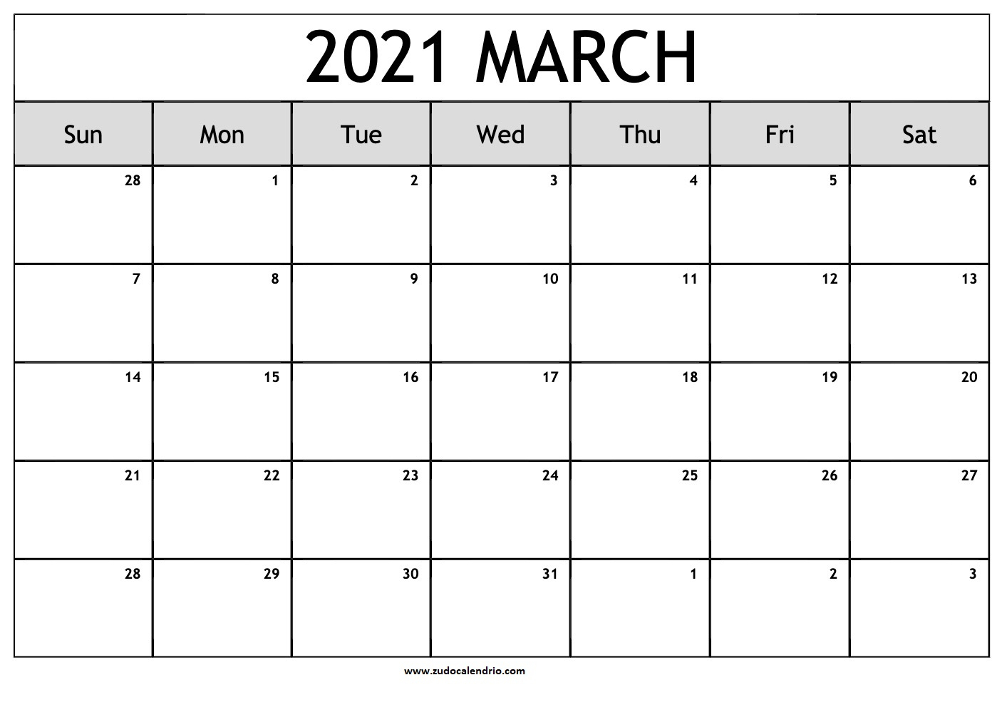 Blank March 2021 Calendar Pdf | Zudocalendrio