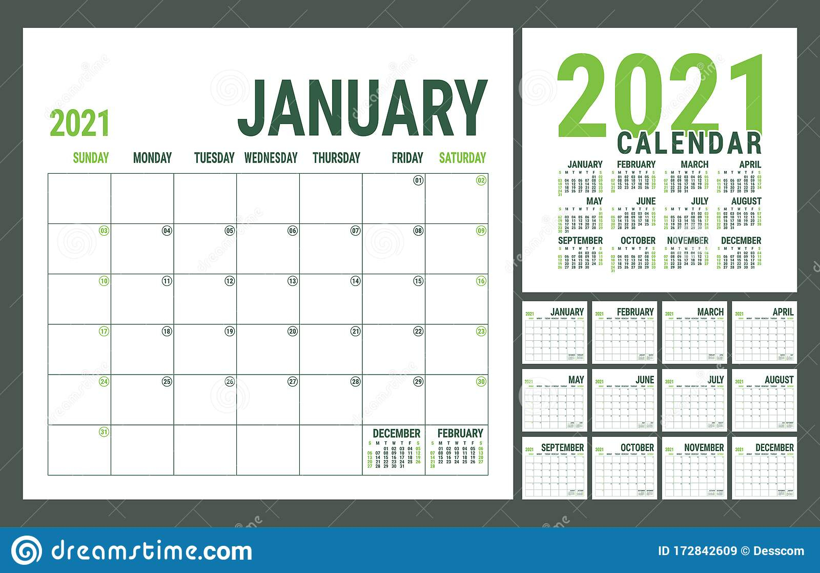 Calendar 2021. English Calender Template. Vector Square Grid. Office Business Planning. Creative