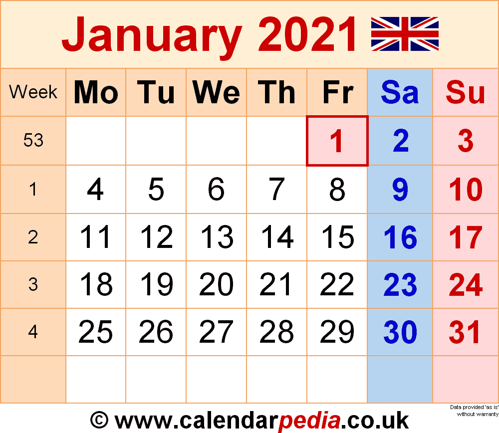 Calendar January 2021 Uk With Excel, Word And Pdf Templates