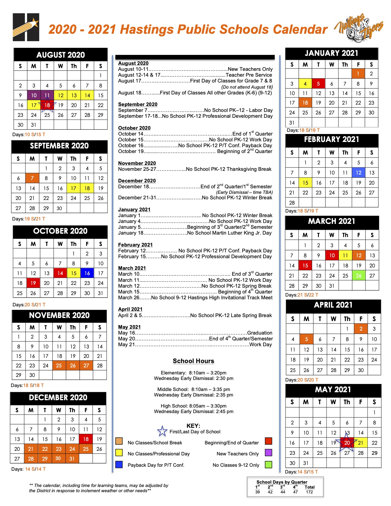 Days Of Attendance Calendar - Hastings Public Schools