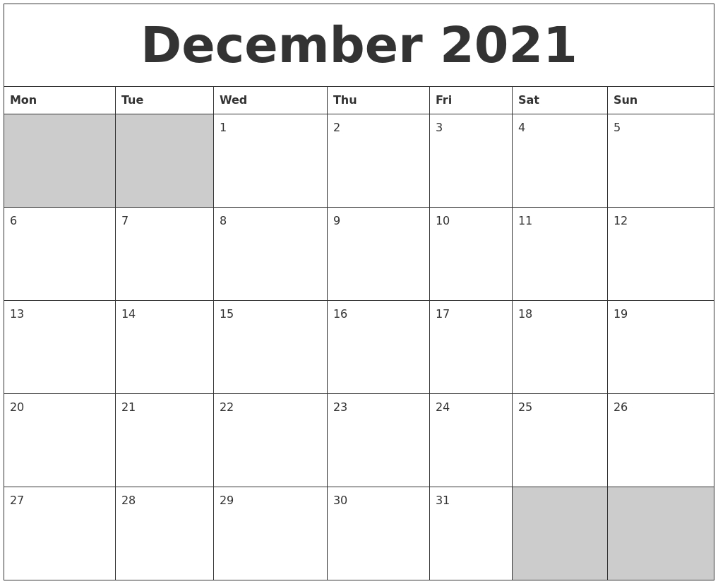 December 2021 Blank Printable Calendar