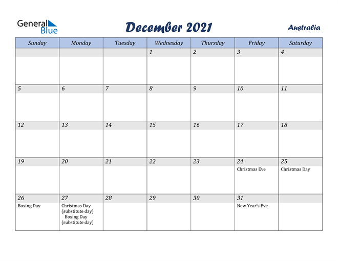 December 2021 Calendar - Australia