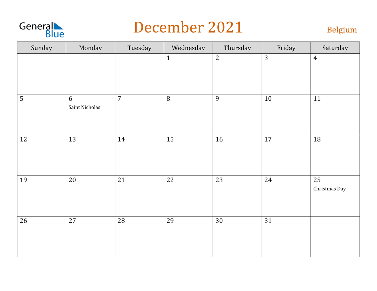 December 2021 Calendar - Belgium