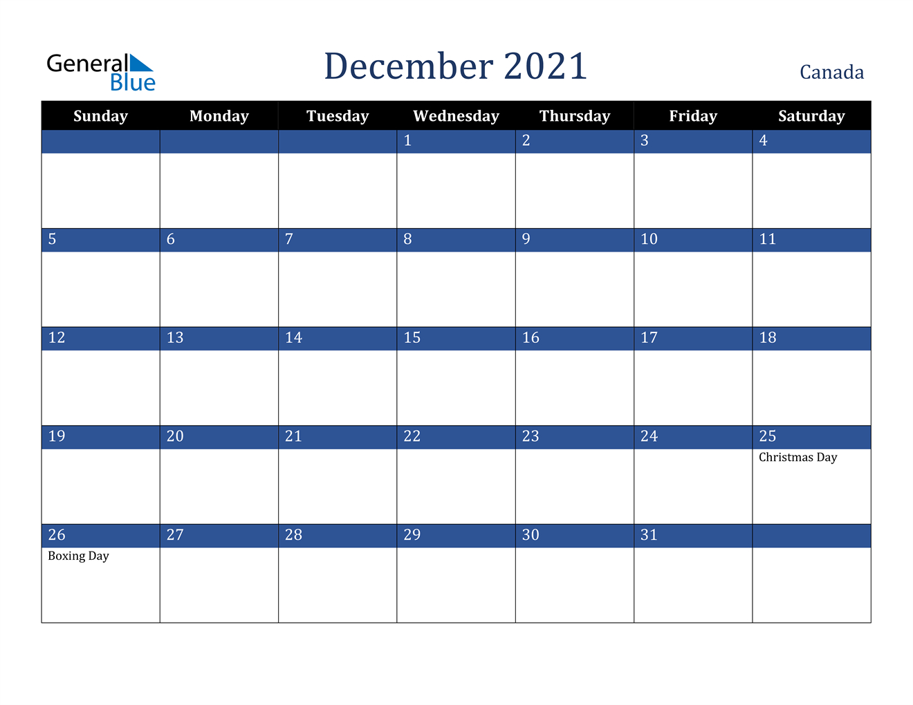 December 2021 Calendar - Canada