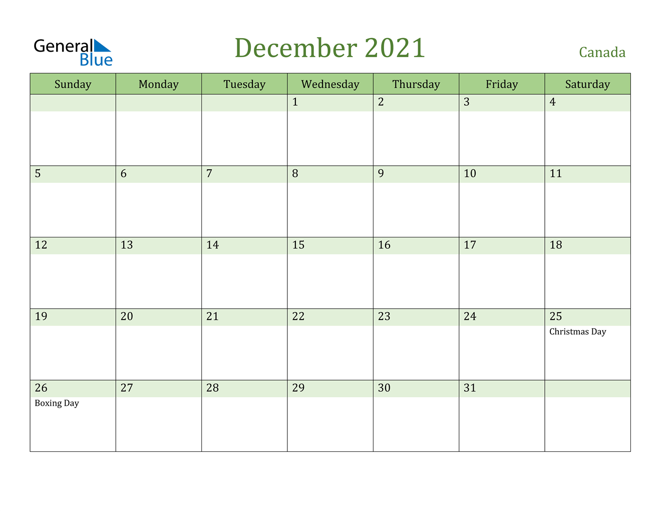December 2021 Calendar - Canada